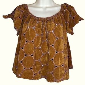 Brown Slit tie Sleeve Square Neck Stitching Top boho Western Pullover Top